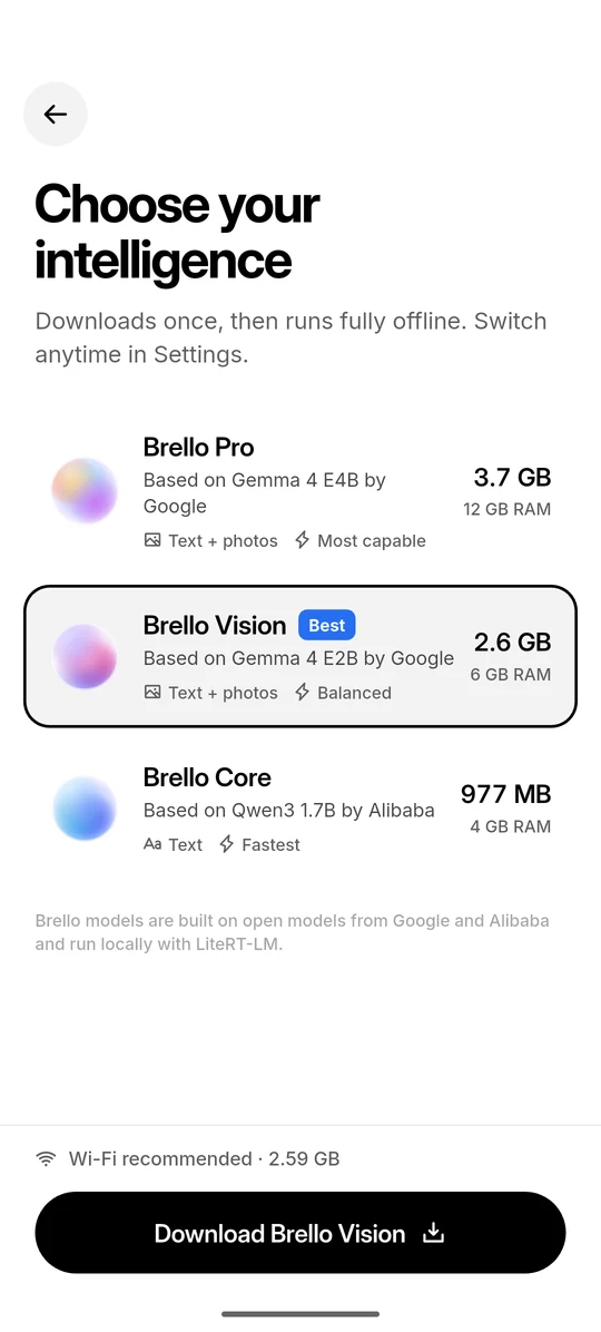 The model picker: Brello Pro, Brello Vision marked ‘Best’ and Brello Core, each with its download size and recommended memory.