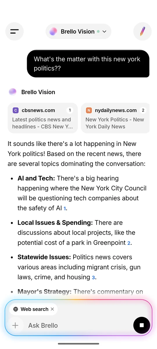 A web answer from Brello Vision about New York politics: source cards for cbsnews.com and nydailynews.com above text with inline citation numbers, and a ‘Web search’ chip in the input bar.